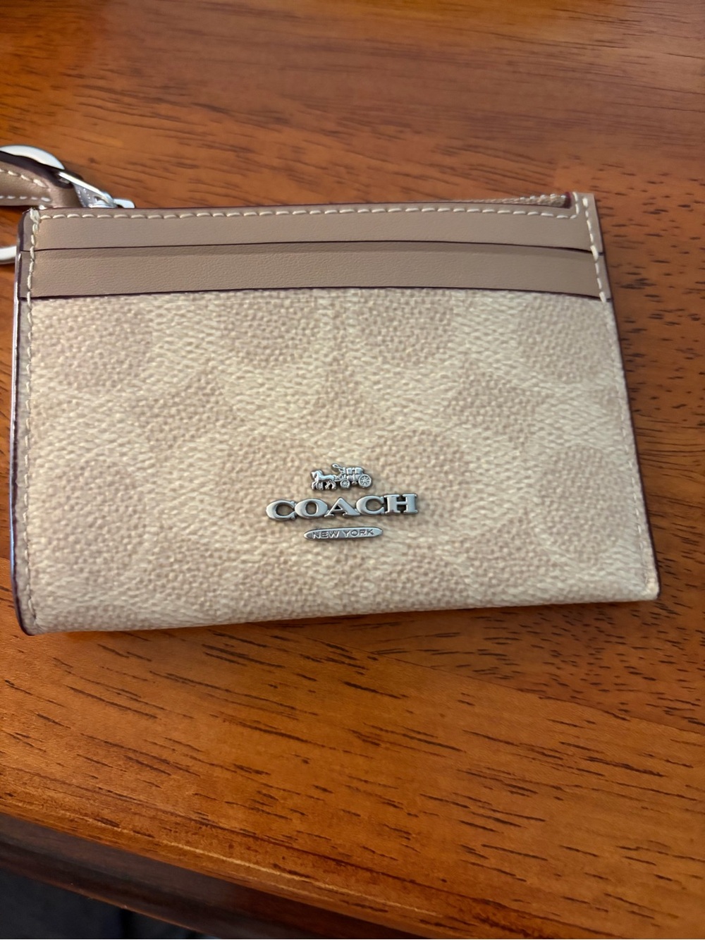 Coach Beige Signature Card Case with Leather Trim